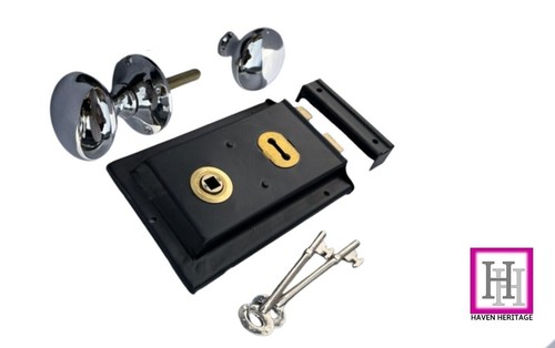 Rim Lock Set 6"x 4" Deadbolt -/+ Black, Brass, Chrome, Cast Iron, Handle / Knobs - Picture 8 of 20