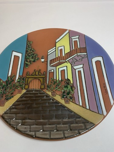 Vintage Redware Enameled Art Pottery Terracotta Plate Village Scene Jove Signed - Picture 5 of 8