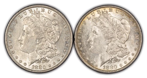 1880-O & Micro o $1 Morgan Silver Dollar - 2 Coin Variety Set - AU/UNC - Z3490