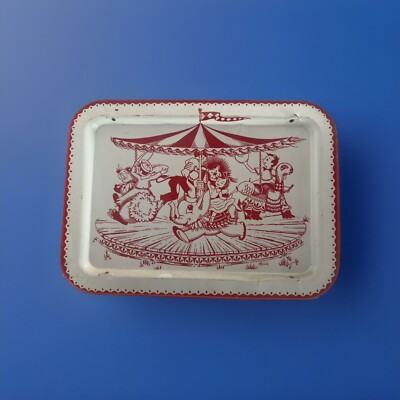Vintage 1960's METAL TV TRAY - CAROUSEL,  KIDS & ANIMALS/Red & White/LaVADA EUC