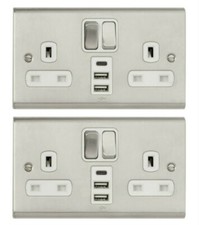 2 x Deta SD1288SSW Switched Sockets 13A 2 Gang & 3 x USB Ports Stainless Steel