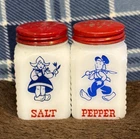Vintage Hazel Atlas Dutch Boy & Girl Milk Glass Red Lid Salt & Pepper Shaker