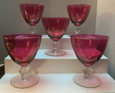 SET OF 5 RUBY RED/CLEAR BUBBLE STEM GOBLETS - 5''