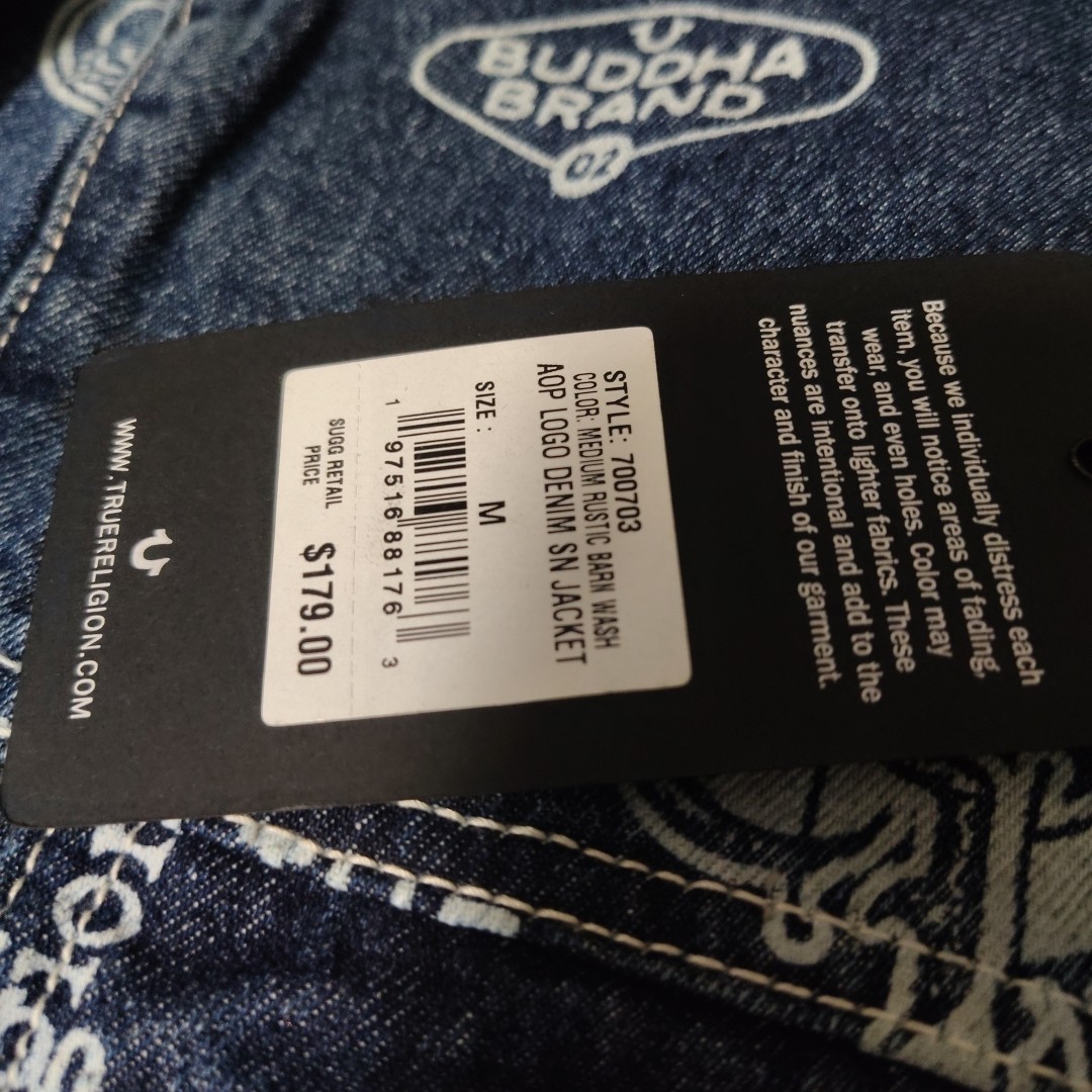 True Religion Women's M Denim Jacket AOP Logo Medium Rustic Barn Wash MSRP $179 thumbnail 3