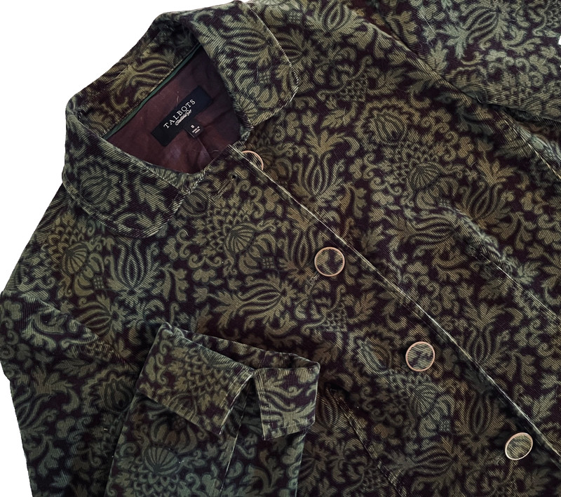 TALBOTS EUC Beautiful Green/Brown Paisley Corduroy Jacket Sz 8 Classic3/4 Sleeve