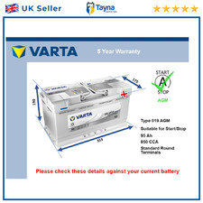 AGM Car Battery A5 Varta 019 AGM 850A 95Ah 5Yr Warranty 353x175x190 Start Stop