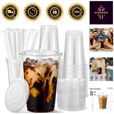 Durable 16 oz Clear Disposable Cups with Lids  Straws - Perfect for Iced Drinks