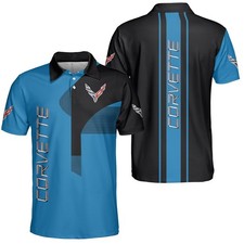 Personalized Name Corvette Logo C8 Racing Black Blue 3D Men's Polo Shirt S-5XL