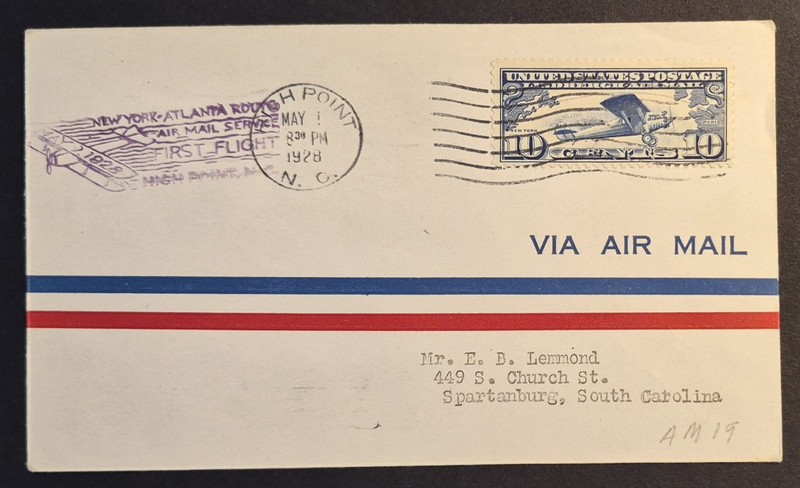 1928 First Flight High Point NC Spartanburg Airmail CAM 19 19S7 Air Mail Cover