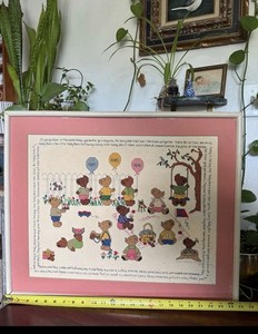 Arte de pared antiguo bordado punto de cruz de oso infantil vintage decoración bebé enmarcado