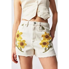 Blank NYC The Reeve Sunflower Floral Embroidered White Denim Shorts 27