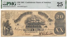 T-18 1861 $20 Confederate Currency Sailor-Ship Note PF-1 PMG VF25 Great Margins!