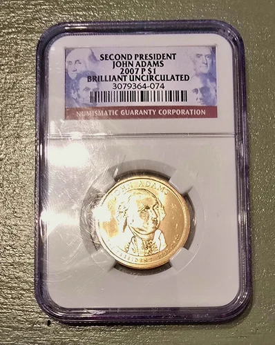 2007 P John Adams President Dollar Coin NGC Brilliant Unc ~ FIRST DAY OF ISSUE