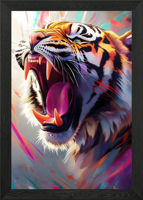Brüllender Tiger mit bunten Strichen gerahmtes Wandbild Poster Leinwanddruck Bild
