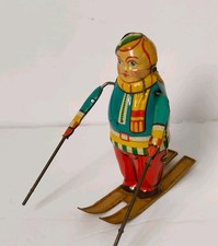 Vintage Blomer & Schuler B&S Skifahrer Skier tin toy, Nuremberg Germany 1950