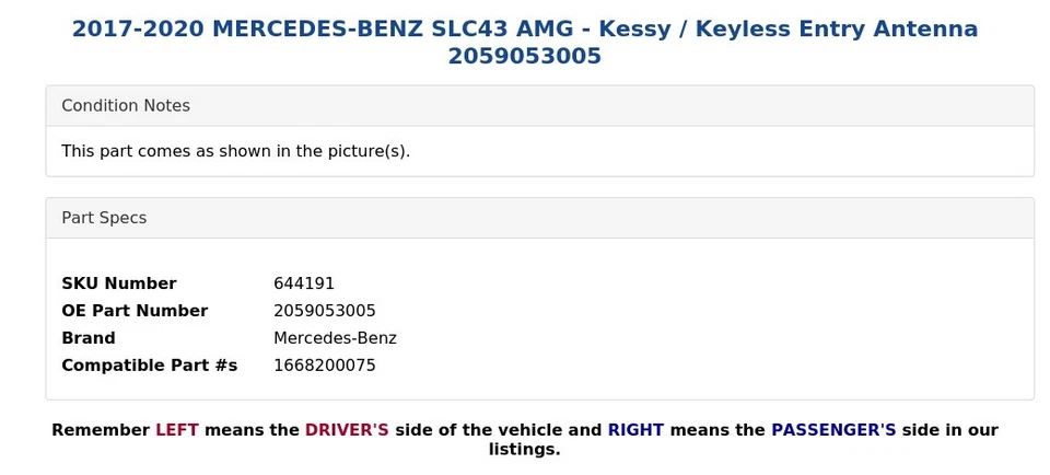 Mercedes-Benz SLC43 AMG 2017-2020 - Kessy/antena de entrada sin llave 2059053005 Foto 4 de 4