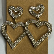 New Crystal Double Heart Shaped Dangle Stud Earrings Bling Gold Plated Valentine