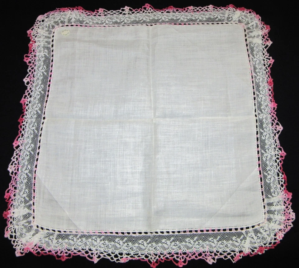 Vintage Hankie Irish Linen Wedding Shades of Pink Crochet Lace Trim 14" X 14" - Image 2 of 4