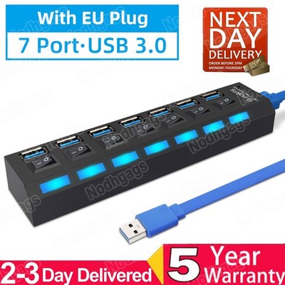 USB 3.0 Hub 7 Port Splitter Adapter mit aktivem Netzteil Verteiler für PC Laptop