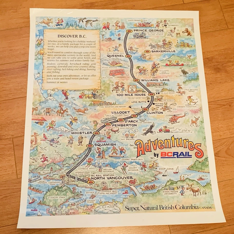 Adventures By BC Rail Cartoon Map Poster Vintage Tourism British Columbia Canada - Image 2 of 4