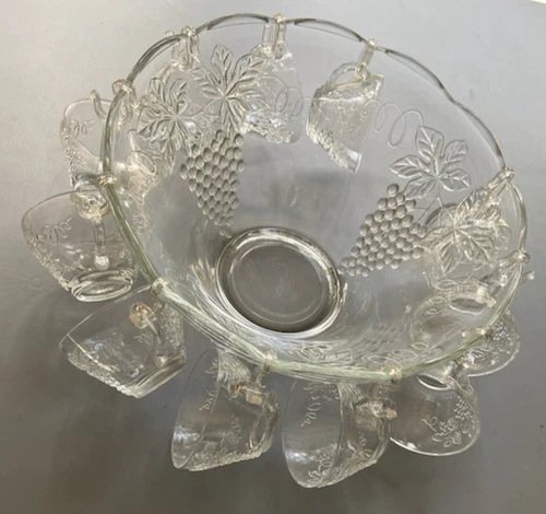 Vintage Anchor Hocking Punch Bowl Set - 1960's Grape & Vine w/10 cups & hooks