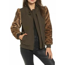 Kendall & Kylie Olive Green Faux Fur Sleeves Bomber Jacket Size S