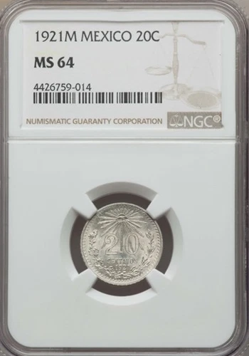MEXICO ESTADOS UNIDOS 1921  20 CENTAVOS COIN CERTIFIED UNCIRCULATED NGC MS-64