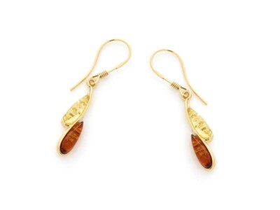 Duo Two Tone Baltic Amber Earrings, 925 Silver, Gold Plated