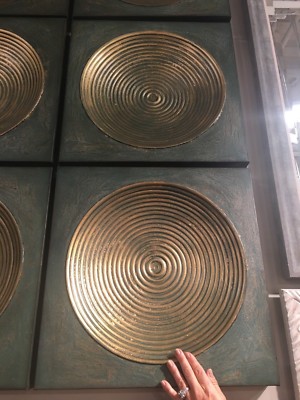 TWO URBAN INDUSTRIAL AGED METAL WALL ART PLAQUES CONCAVE RIBBED CENTER 04106
