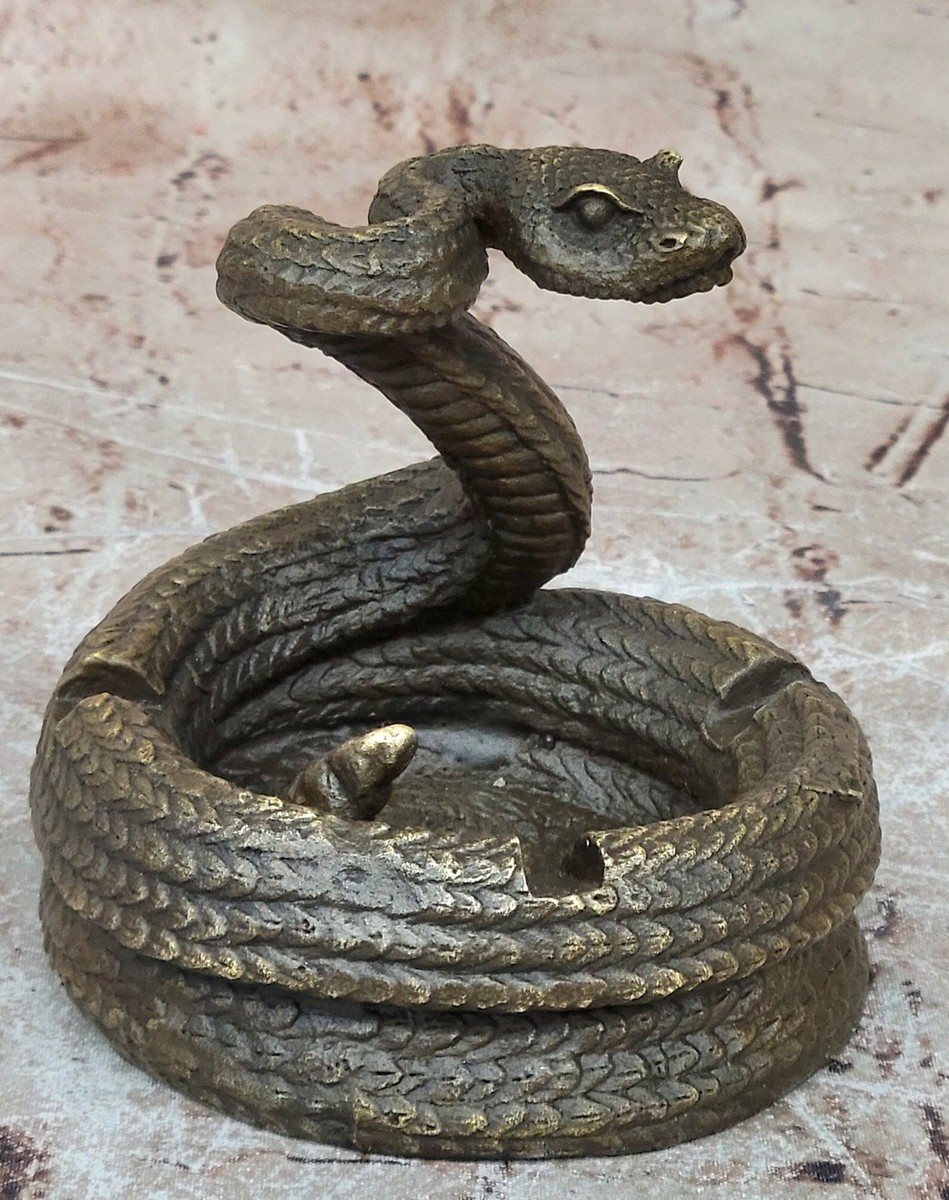 Rattlesnake Snake Bronze Metal Ashtray Sculpture Original Signed