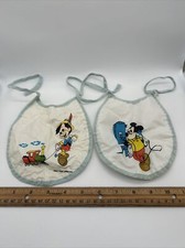 Disney - Vintage Lot Of 2 Baby Kids Food Bibs Mickey Mouse Pinocchio Rare Set