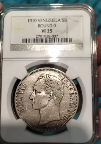 VENEZUELA   1910-  5 BOLIVARES  (Variety:   round 0) -  VF25 NGC