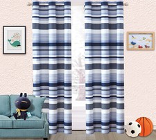 Boys Girls Kids Blue ELEGANT STRIPES Bedroom Window 2 Panel Curtain Set 84" High