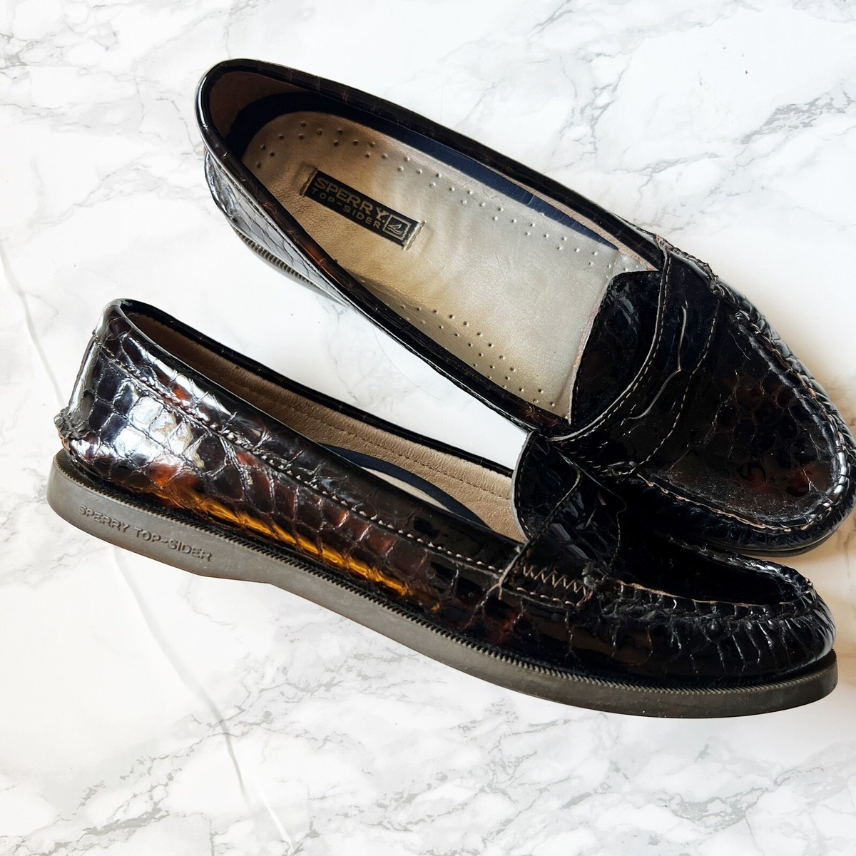 Sperry Top Sider Womens Pantent Leather Crocodile Loafers Size Dark Brown