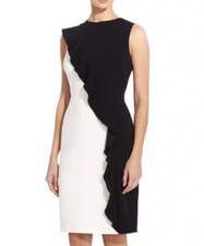 Adrianna Papell White Black Color Block Front Ruffle Crepe Sheath Dress Sz 4