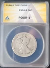 1916 S Walking Liberty Half LOW BALL ANACS Graded POOR P01 90% Silver Type Set