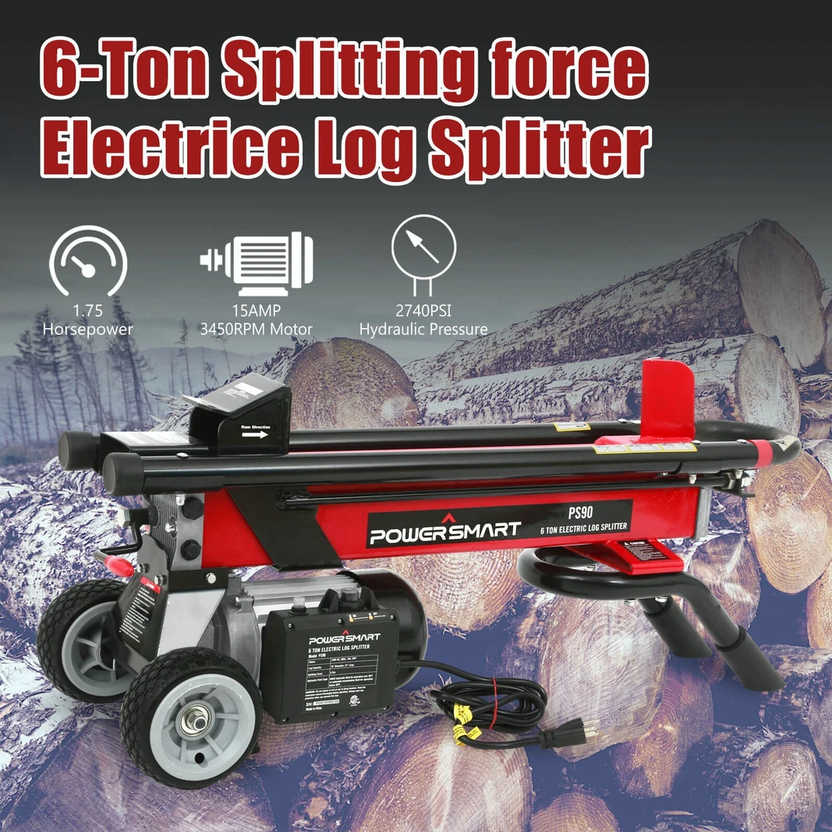 PowerSmart 15 Amp Electric Hydraulic Log Splitter 6-Ton Electric Wood  Splitter | eBay