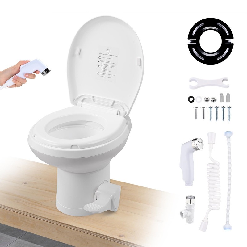 Yescom 15" RV Camper Toilet Low Profile Gravity Flush w/ Bidet Spray Foot Pedal