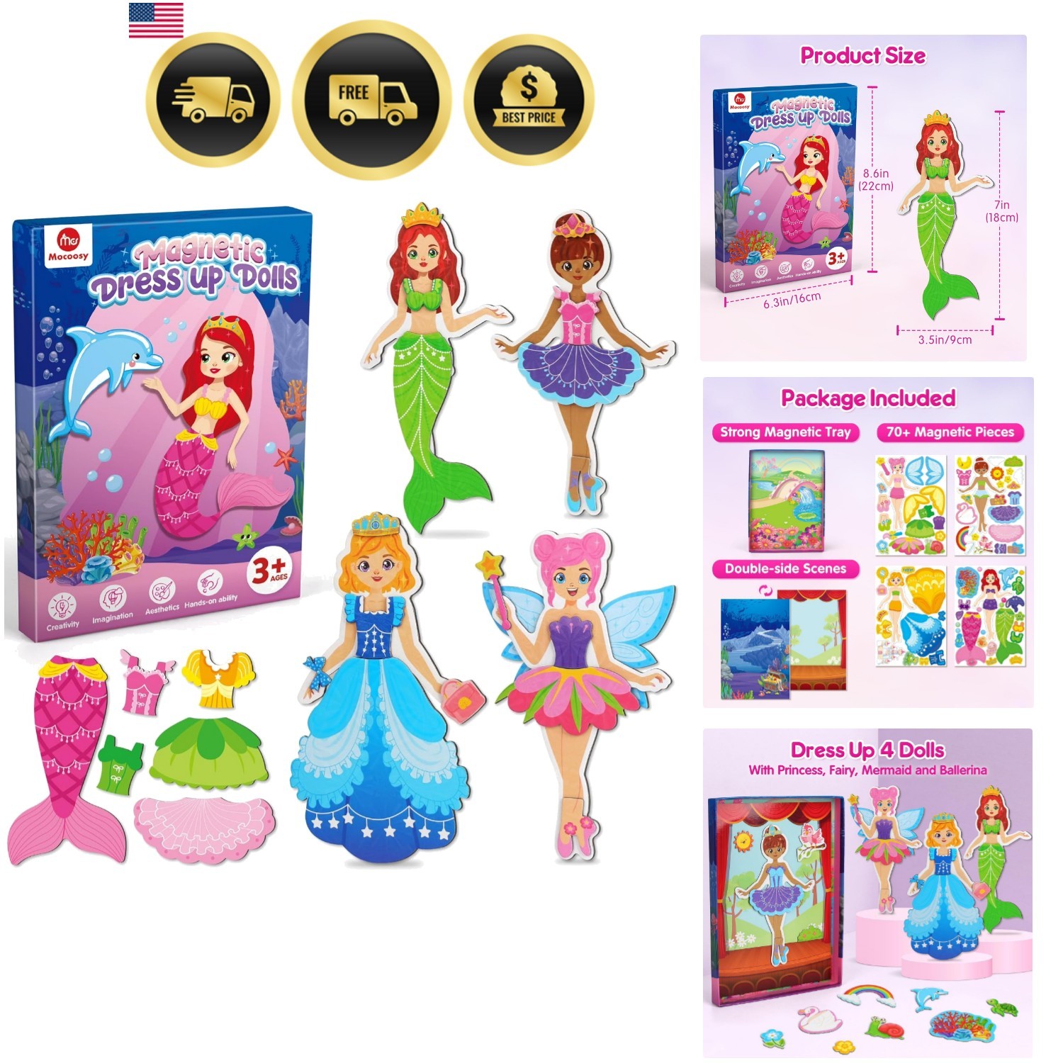 For Girls, Princess Mermaid Fairy Ballerina Magnet Do...