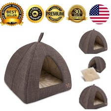 Cat Bed Indoor Cat Domed Tent House Removable Pillow Covered Cat Cave Brown