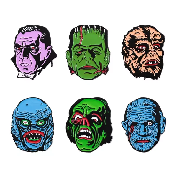 Set of 6 Horror Movie Halloween Enamel Pin Set Wolfman Dracula Frankenstein Lot