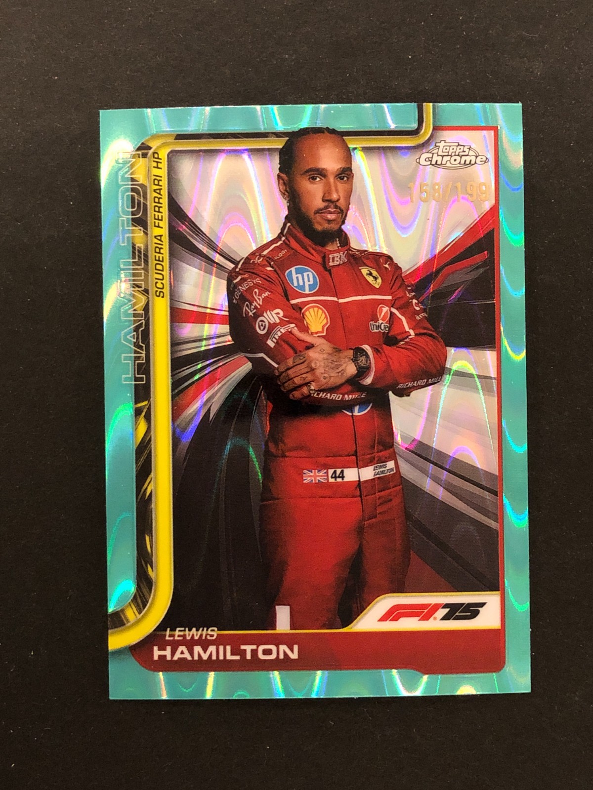 Lewis Hamilton 2025 Topps Chrome F1 Racing #4 Aqua RayWave Refractor 158/199