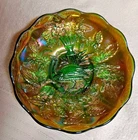 ANTIQUE MILLERSBURG GREEN CARNIVAL GLASS PEACOCK & URN SAUCE BOWL (SMALL MOLD)