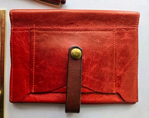 Handcrafted Red Fine Leather Book Cover Snap Closure, Pockets, 7.5 x 5.5 x 1 in.