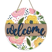 Welcome Spring Summer Flower Front Door Sign, Pink Yellow Floral Wood Door