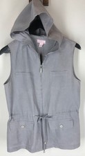 St Tropez Gray 100% Linen hooded Jacket Vest S Sleeveless Drawstring Waist