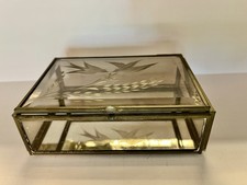 Vtg Beveled Etched Glass Jewelry/trinket Box Birds Leaves Mirrored Bottom USA