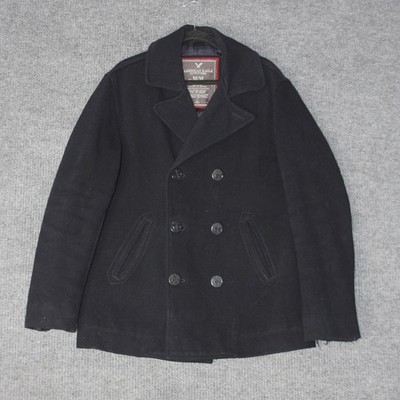 American Eagle Peacoat Mens M Black Wool Blend Double Breasted Jacket Coat