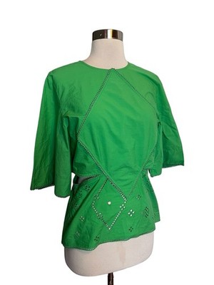 Ganni Broderie Anglaise Patch Top Sz 38 US 6 Kelly Green Boho Cottagecore Blouse