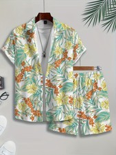 Men'S Casual Floral Print Short-Sleeve Shirt and Shorts Set  Non-Stretch Fabric